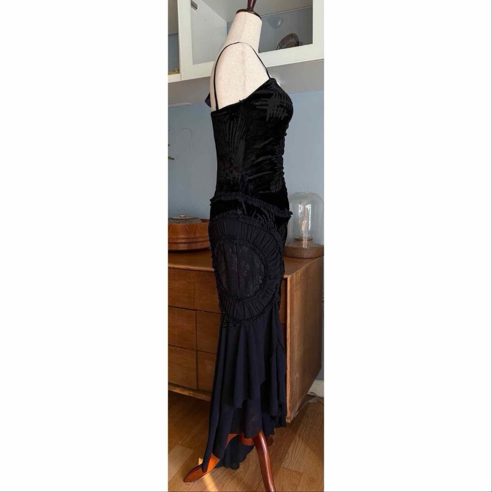 Vintage Y2K Cascadei Black Velvet & Chiffon Evening Dress Asymmetric Whimsy - Picture 3 of 10
